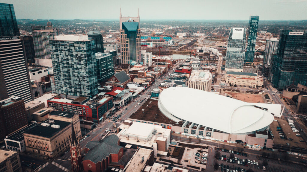 Drone photo of downtoewn Nashville near Broadway